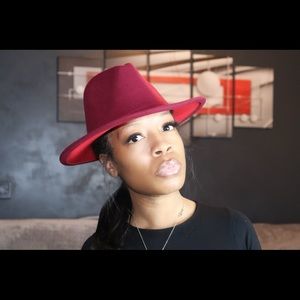 Unisex Two Toned Flat Brim Fedora Hat- Burgundy/red